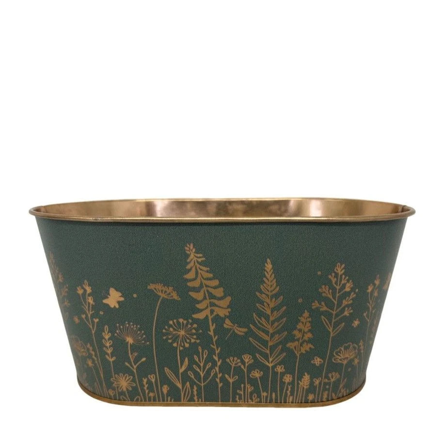 Dark Green Wild Flowers Oval Zinc Planter 18cm x 11cm