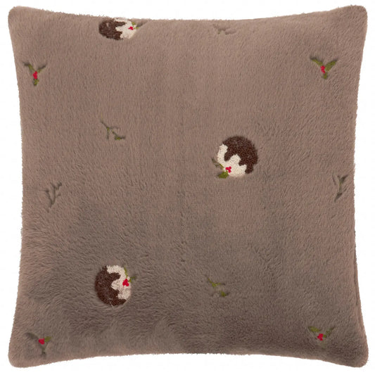 Festive Puddings Faux Fur Feather Filled Cushion Mocha 45 x 45cm